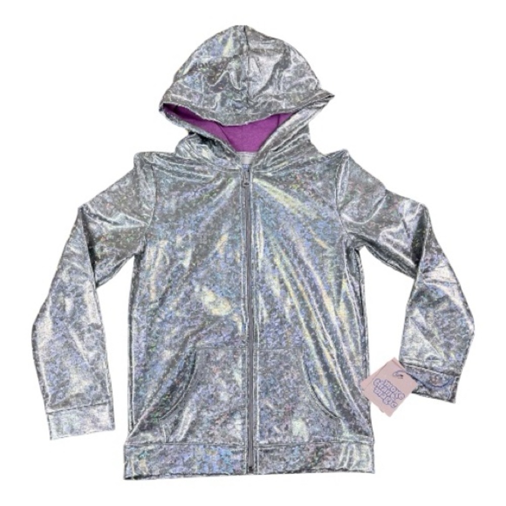 NWT More Than Magic Girls Silver Metallic Hoodie Zip Up Jacket Large 10/12